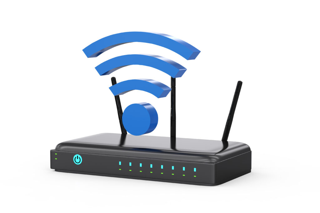 3d rendering router with blue wi-fi sign on white background